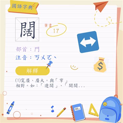 闊 意思|漢字:闊 (注音:ㄎㄨㄛˋ,部首:門) 